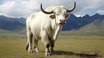 Wall Mural - Majestic white yak standing in grassy field with mountains in background