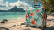 Floral suitcase standing on white sand on beautiful Bora Bora beach. Generative AI