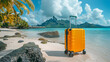 Yellow suitcase standing on white sand on beautiful Bora Bora beach. Generative AI