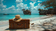 Vintage suitcase with straw hat standing on white sand on beautiful Zanzibar beach. Generative AI