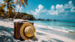 Suitcase and straw hat standing on white sand on beautiful Maldives beach. Generative AI