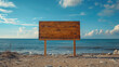 mpty wooden signboard standing on wooden construction on sandy beach in front of water, Generative AI