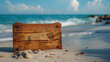 Empty wooden signboard standing on sandy coastline of the sea, Generative AI