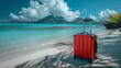 Red suitcase standing on white sand on beautiful Bora Bora beach. Generative AI