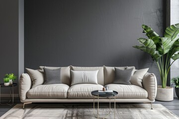 Wall Mural - Modern Living Room Interior with White Sofa, Coffee Table, and House Plant Against a Gray Wall Background