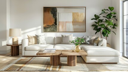 Wall Mural - Modern Living Room Interior Design with a Colorful Abstract Painting Displayed on the White Wall. Wooden Furniture, White Sofa, Coffee Table, Window, and Green Plant Decoration