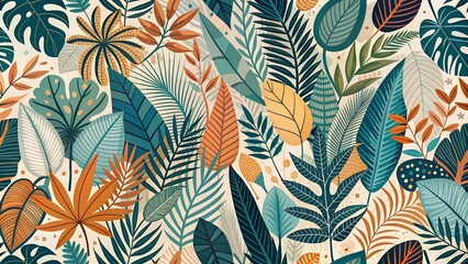 Abstract Nature Pattern Design Seamlessly Integrates Boho Foliage, Tropical Leaves, and Floral Elements for Engaging Visual Content.