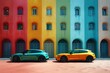 © Merilno - Vibrant colored electric cars speeding across a minimalist stage of abstract random colors patterns, emphasizing the theme of sustainable mobility with a sense of dynamic energy.
