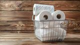 Shopping basket with rolls of toilet paper on wooden b
