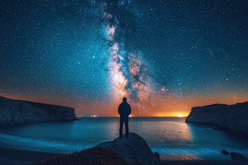Wall Mural - silhouette of a man standing on a mountain on background of a starry night sky with a bright colorfu