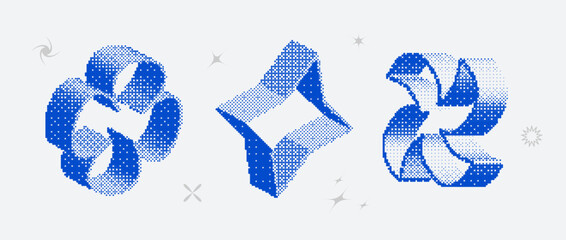 Poster - Bitmap textured shape set. Dither halftone objects collection. Blue 3d flower, star, rhombus elements for banner, poster, leaflet. Abstract pixelated raster effect bundle. Vector pack