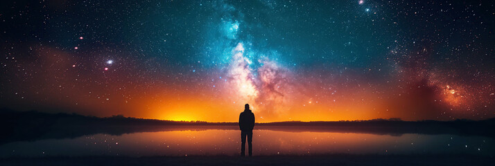 Wall Mural - male standing on shore of lake on a background of a starry night sky with a bright colorful Milky Way and stars