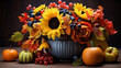 autumn still life with pumpkins and flowers
