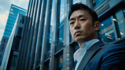 Wall Mural - Japanese man in his 30s, stylishly dressed in a business suit jacket, staring out of a large, dark show window, his background is a daytime office district in present day 