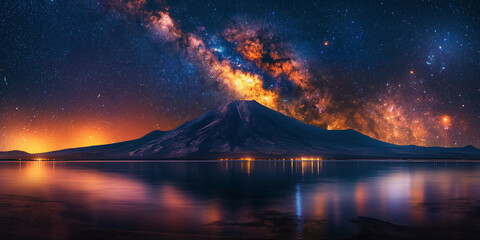 Wall Mural - landscape with bright Milky way in starry night sky above peak of mountain inactive volcano and ocean