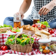 Wall Mural - A person enjoying a picnic in the park with sandwiches, salads, and cold drinks isolated on white background  