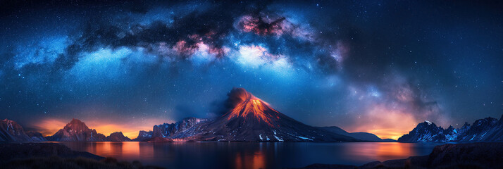 Wall Mural - landscape panorama with active erupting volcano in ocean against background of night starry sky with