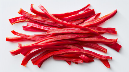 Artistic display of red sweet peppers sliced thinly and spread on white.