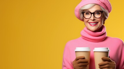 Wall Mural - Stylish Senior Woman with Coffee Cups on Yellow Background