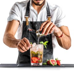 Wall Mural - Barman is making cocktail on festival isolated on white background  