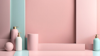Poster - a pink and blue room with a mirror and a vase