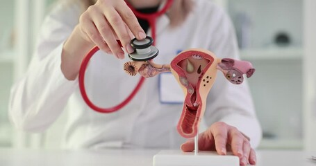 Wall Mural - Woman doctor uses stethoscope on uterus model for explanation