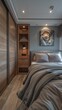 Gray wardrobe with glossy sliding doors in minimalist style interior design of modern bedroom,Sleek Sliding Door Wardrobe in Modern Minimalist Bedroom | 4K HD Wallpaper