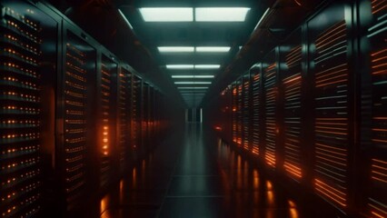 Poster - Internet concept data background,Corridor in Working Data Center Full of Rack Servers and Supercomputers