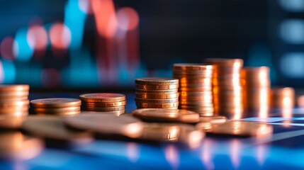 Wall Mural - Financial growth concept with increasing coin stacks and upward trending graph, representing investment success and economic prosperity on a vibrant blue background