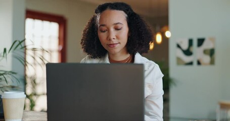 Canvas Print - Woman, laptop and typing or reading in home for business, virtual assistant with email. Female person, computer and internet in house with job, remote work with administration and tech schedule