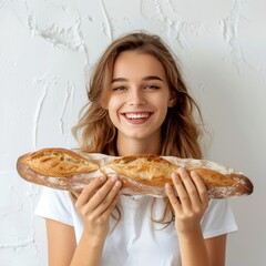 Wall Mural - Happy girl breaking and eating french baguette in kitchen. Woman tasty baked baguette bread.  