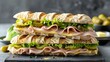 French sandwich with ham butter lettuce and pickles on baguette slices. Concept Would you like some suggestions and inspiration on making a French sandwich with ham, butter, lettuce