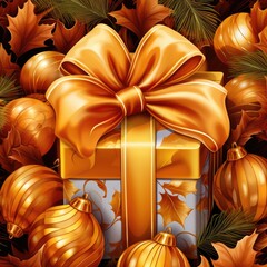 Wall Mural - Shiny golden gift box with bow