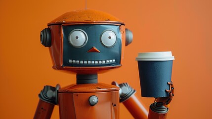 Fun robot holding cup of coffee on orange background.