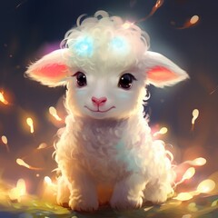 Wall Mural - Little Lamb Sitting in Field of Flowers