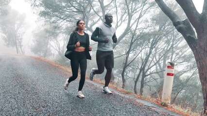 Sticker - Training, running and couple with fitness, exercise and rain with wellness and healthy with nature. Endurance, outdoor and wet road with man or woman with athlete and runner with sports and cardio