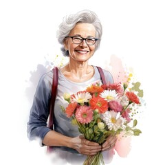 Canvas Print - Elderly female teacher holding a bouquet of flowers