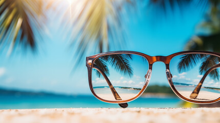 Close-up of sunglasses on a tropical beach with clear sky and palm trees, Concept of summer vacation and leisure travel.