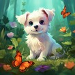 A small cute white dog in a clearing full of flowers and butterflies in the middle of the forest.