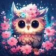 Cute baby owl in bright sunny colors in a flower meadow.