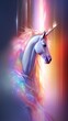White magical unicorn with a beautiful mane on an abstract background.
