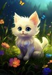 Cute Kitten Sitting on Lush Green Field with Flowers