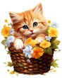 Kitten Sitting in Basket With Flowers