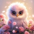Cute baby owl in bright sunny colors in a flower meadow.