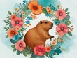 Capybara painting in floral ornament illustration