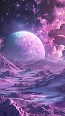 Wall Mural - a purple planet with a blue moon in the sky. the sky is filled with stars and the planet is surround