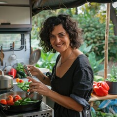 Wall Mural - cooking with vegetables in the open kitchen of her caravan and smiling in a vegetable garden in nature
