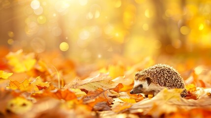 Canvas Print - Adorable Hedgehog Exploring Autumn Leaves in Peaceful Nature Landscape