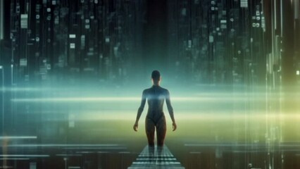 Poster - A binary code sequence morphing into a human figure, representing the blurring boundaries between the digital and physical realms.All of the numbers on the walls are different sizes and colors