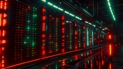 Poster - Internet concept data background,Corridor in Working Data Center Full of Rack Servers and Supercomputers